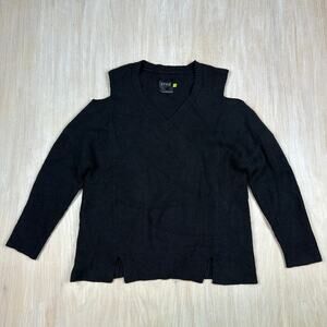 Lysse Black Riley Cold Shoulder Cut-Out V-Neck Rib Knit Pullover Sweater Large